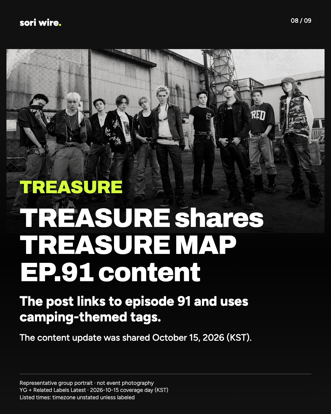 TREASURE shares TREASURE MAP EP.91 content — The post links to episode 91 and uses camping-themed tags.