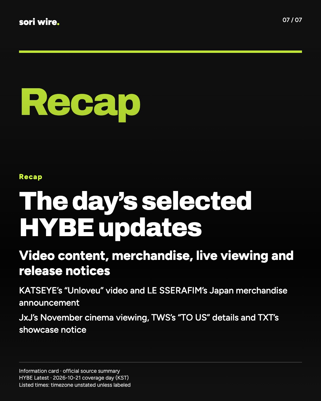 The day’s selected HYBE updates — Video content, merchandise, live viewing and release notices