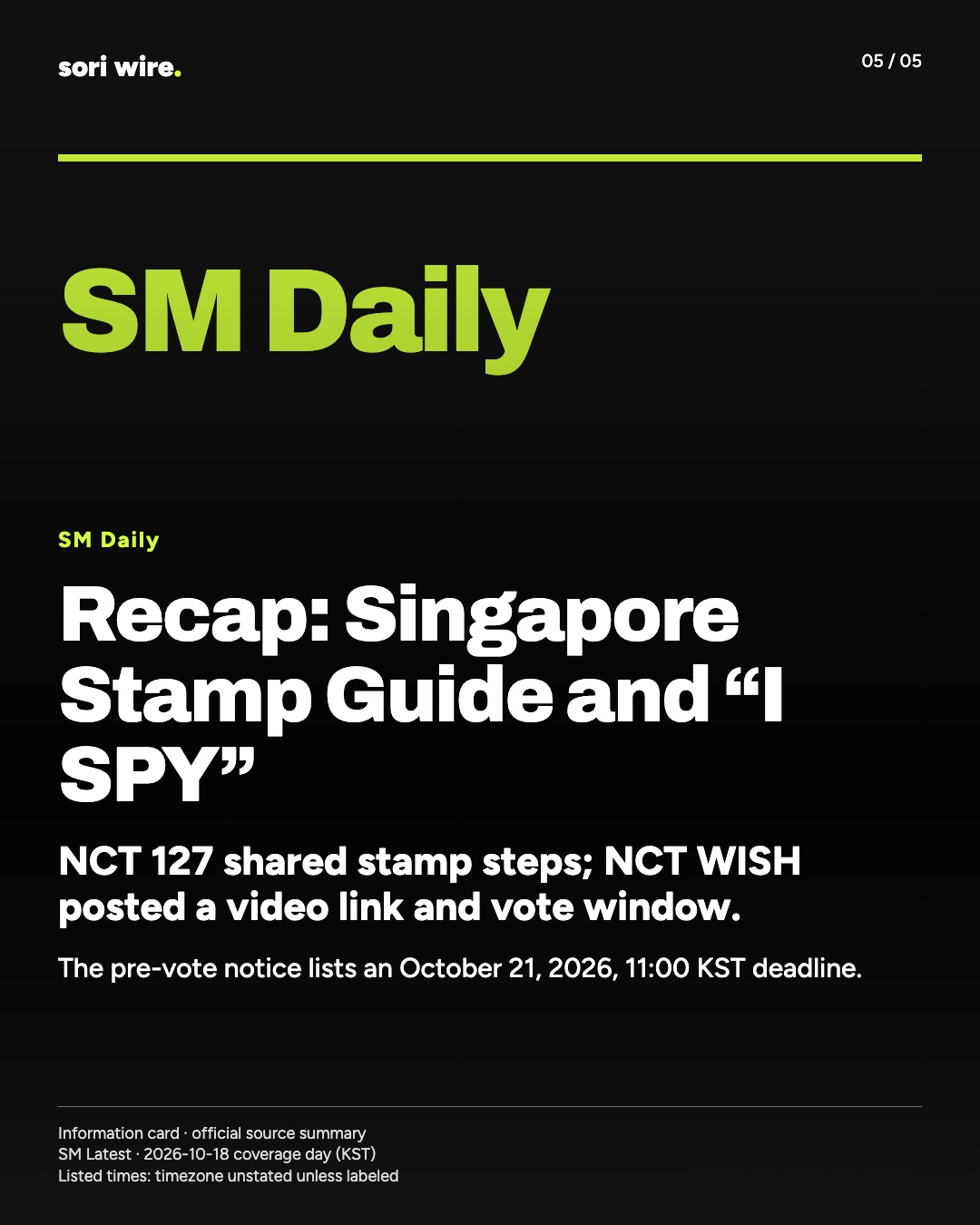 Recap: Singapore Stamp Guide and “I SPY” — NCT 127 shared stamp steps; NCT WISH posted a video link and vote window.