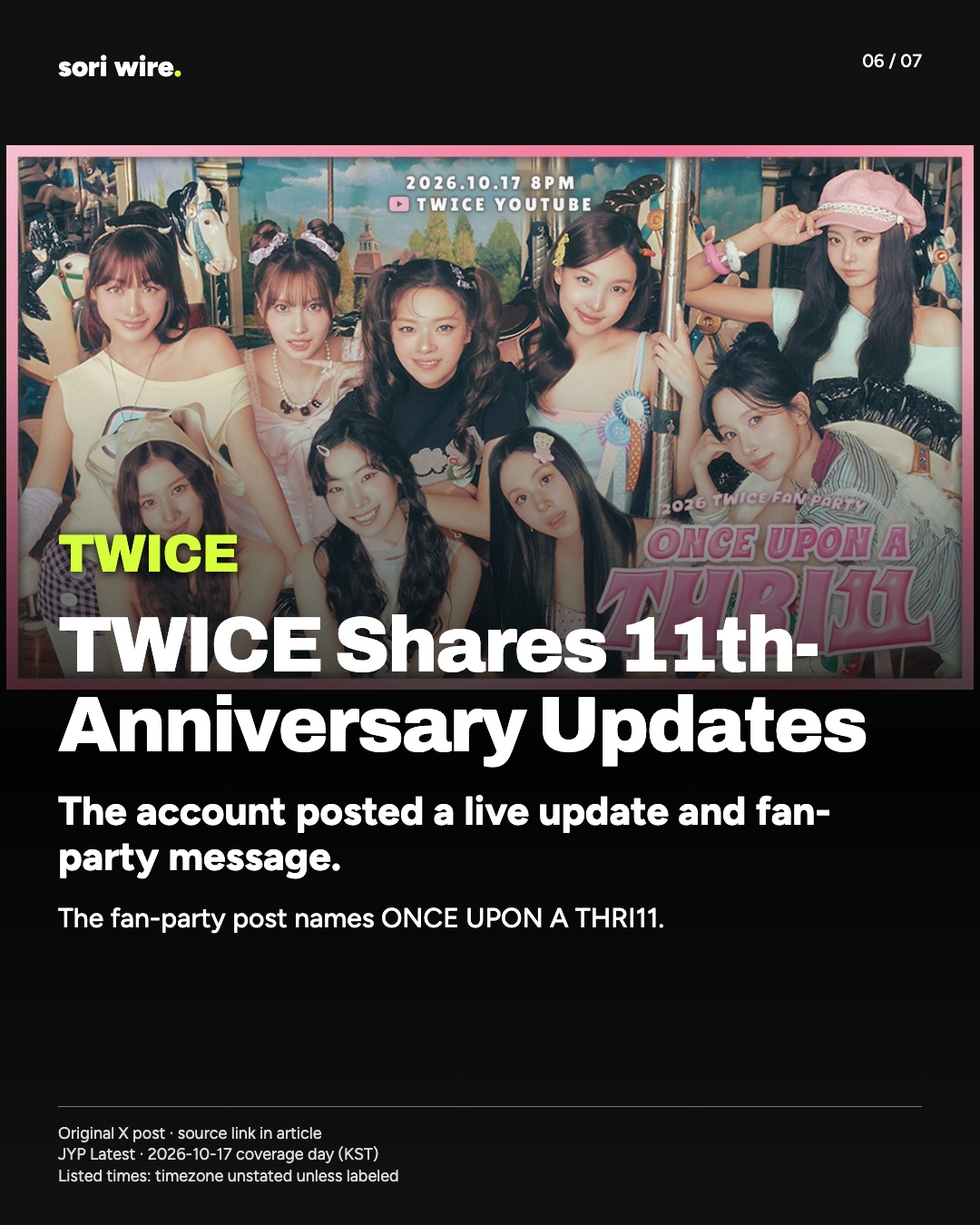 TWICE Shares 11th-Anniversary Updates — The account posted a live update and fan-party message.