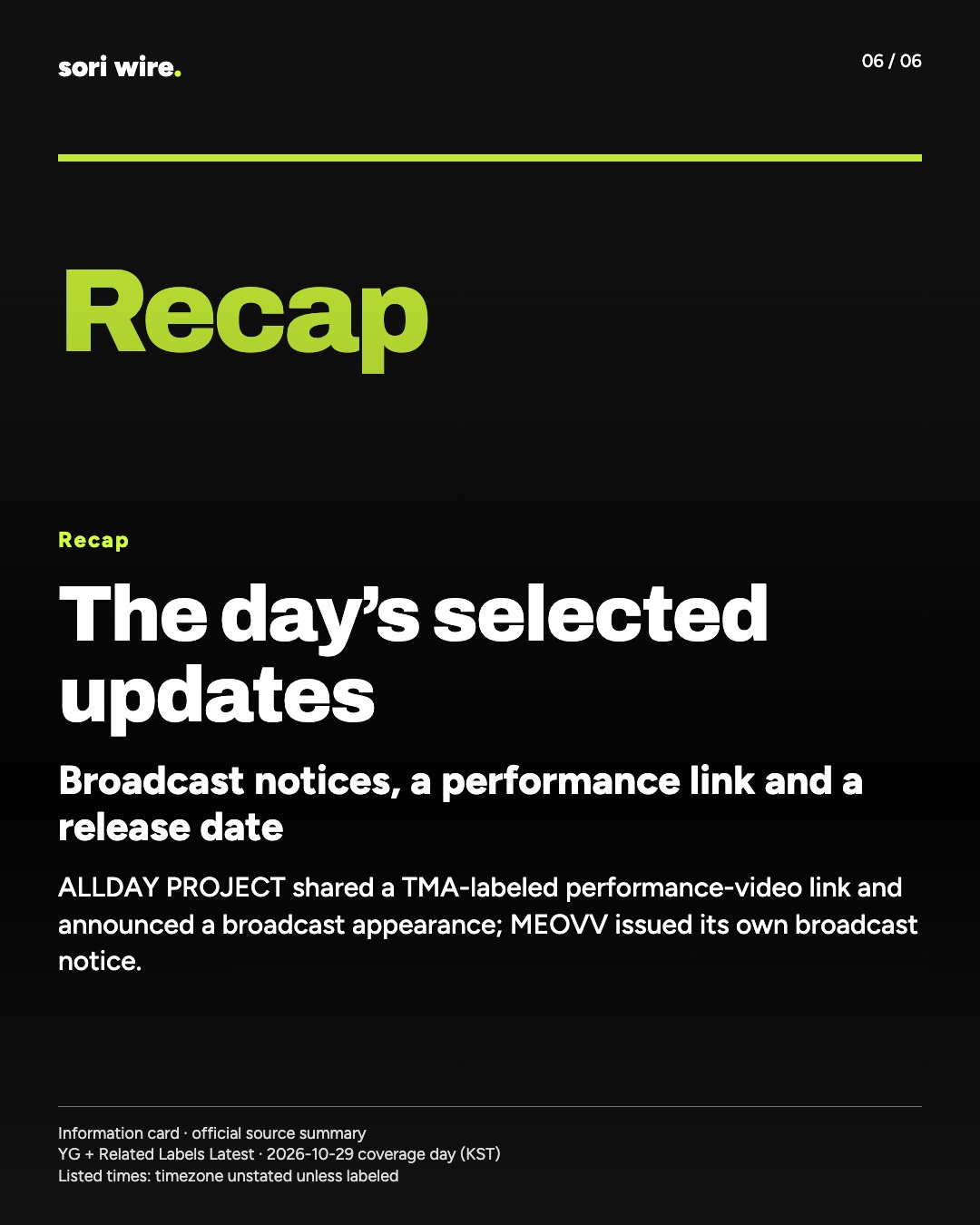 The day’s selected updates — Broadcast notices, a performance link and a release date