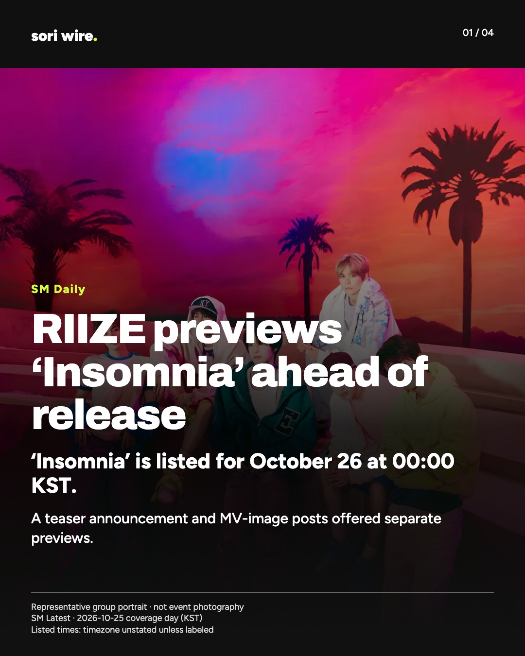 RIIZE previews ‘Insomnia’ ahead of release — ‘Insomnia’ is listed for October 26 at 00:00 KST.