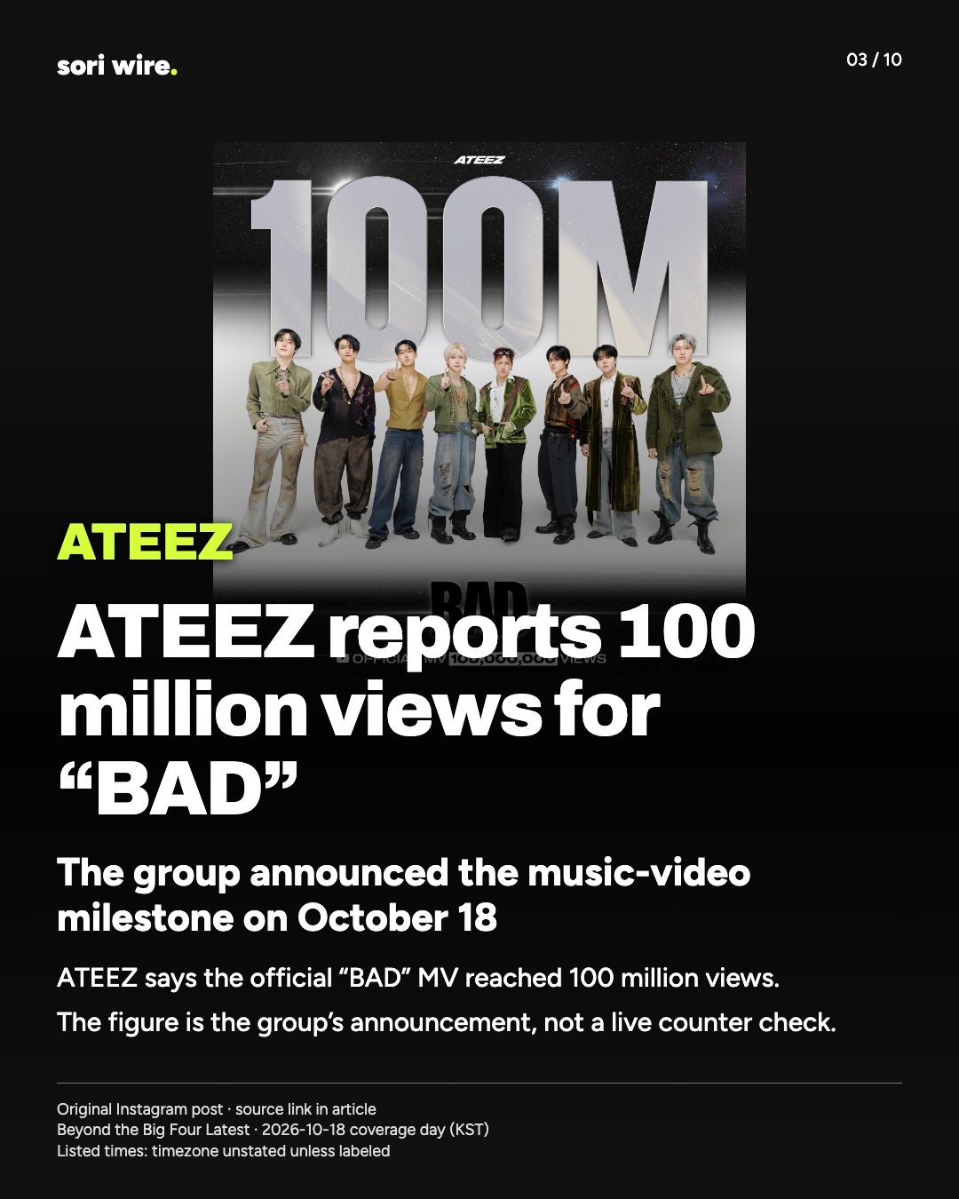 ATEEZ reports 100 million views for “BAD” — The group announced the music-video milestone on October 18