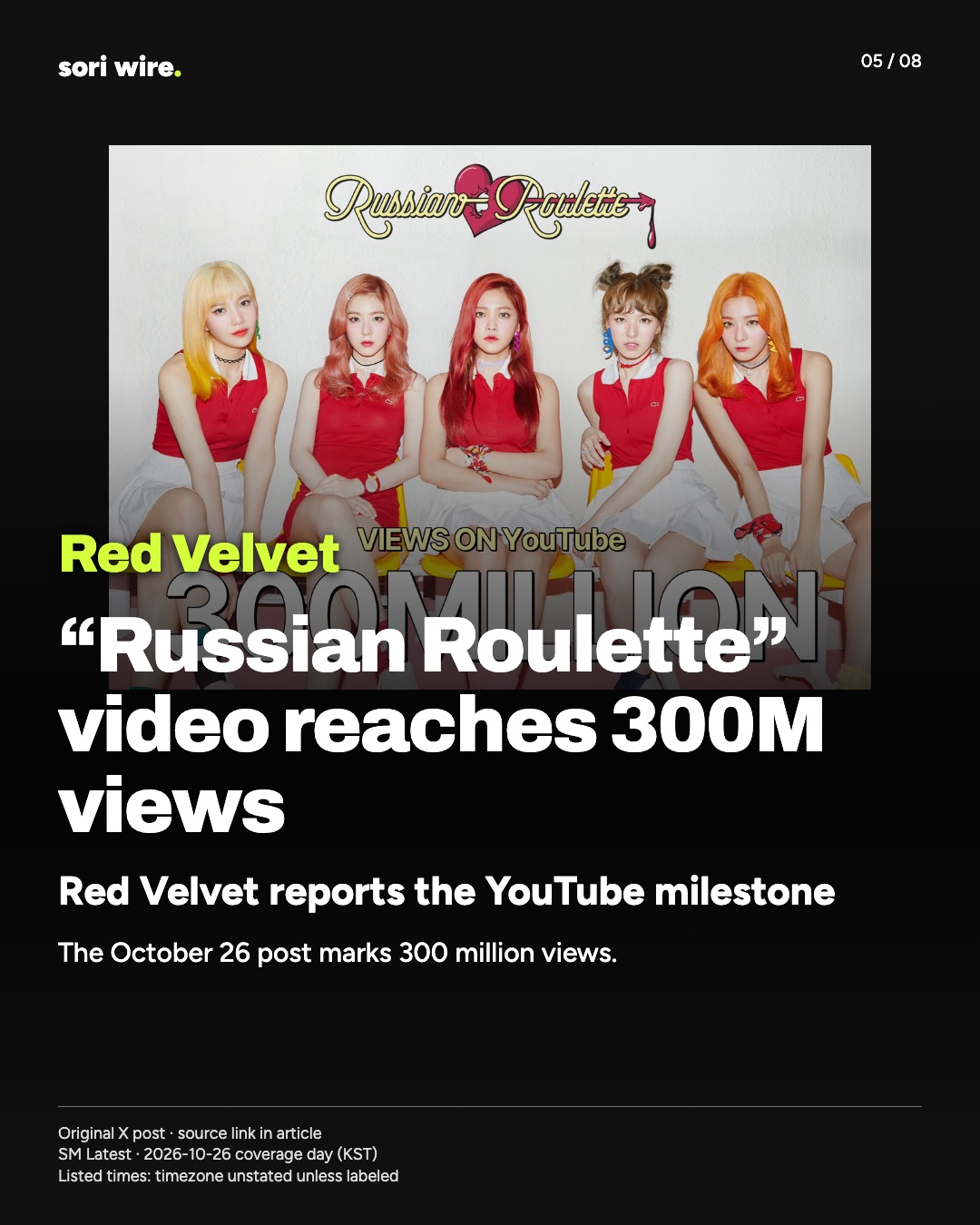 “Russian Roulette” video reaches 300M views — Red Velvet reports the YouTube milestone