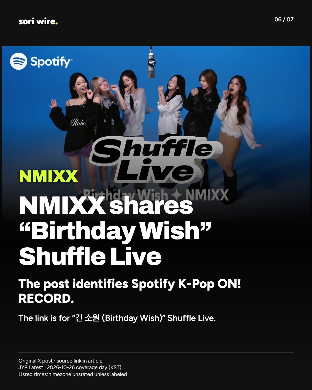 NMIXX shares “Birthday Wish” Shuffle Live — The post identifies Spotify K-Pop ON! RECORD.