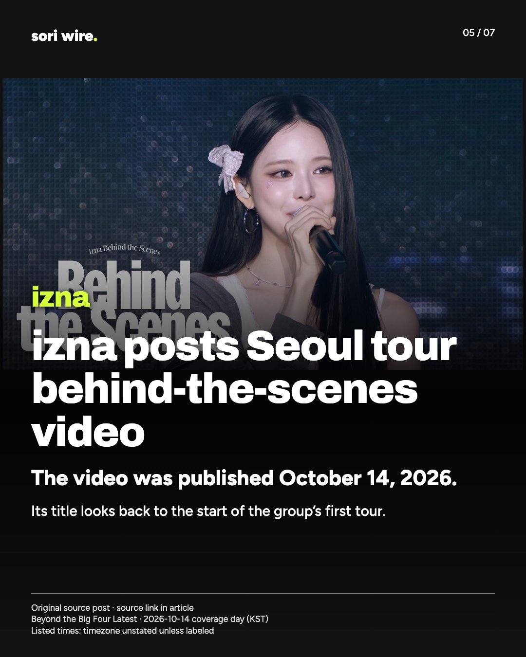 izna posts Seoul tour behind-the-scenes video — The video was published October 14, 2026.