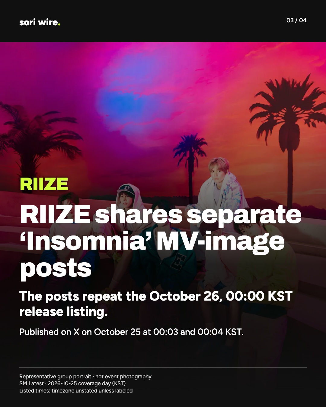 RIIZE shares separate ‘Insomnia’ MV-image posts — The posts repeat the October 26, 00:00 KST release listing.