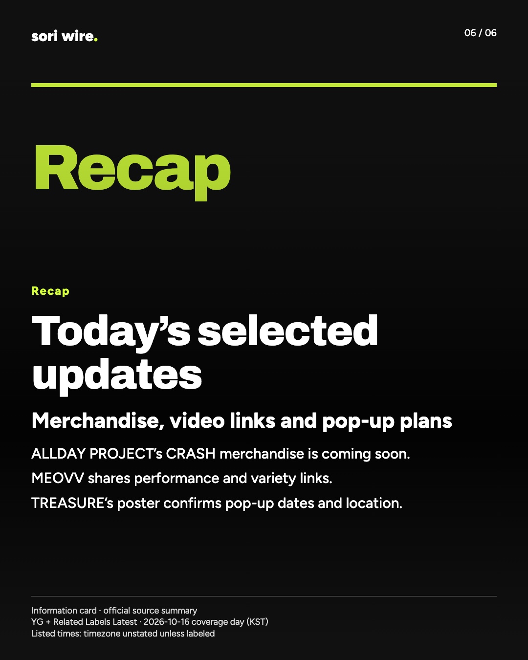 Today’s selected updates — Merchandise, video links and pop-up plans