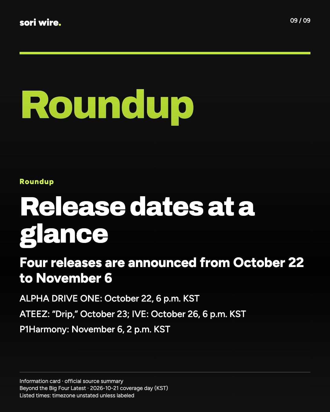 Release dates at a glance — Four releases are announced from October 22 to November 6