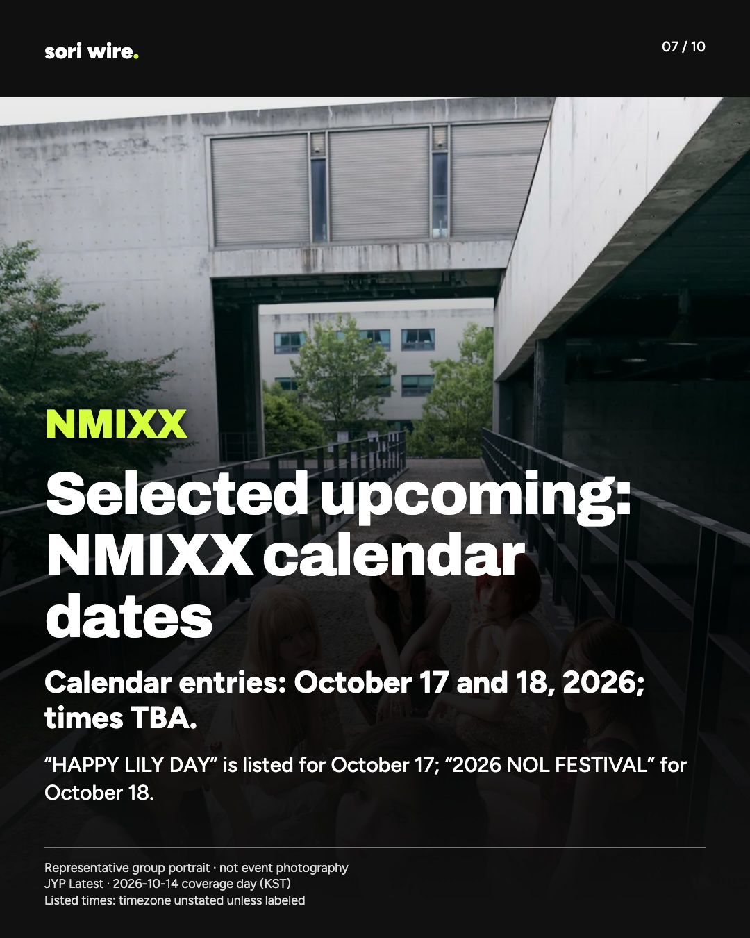 Selected upcoming: NMIXX calendar dates — Calendar entries: October 17 and 18, 2026; times TBA.