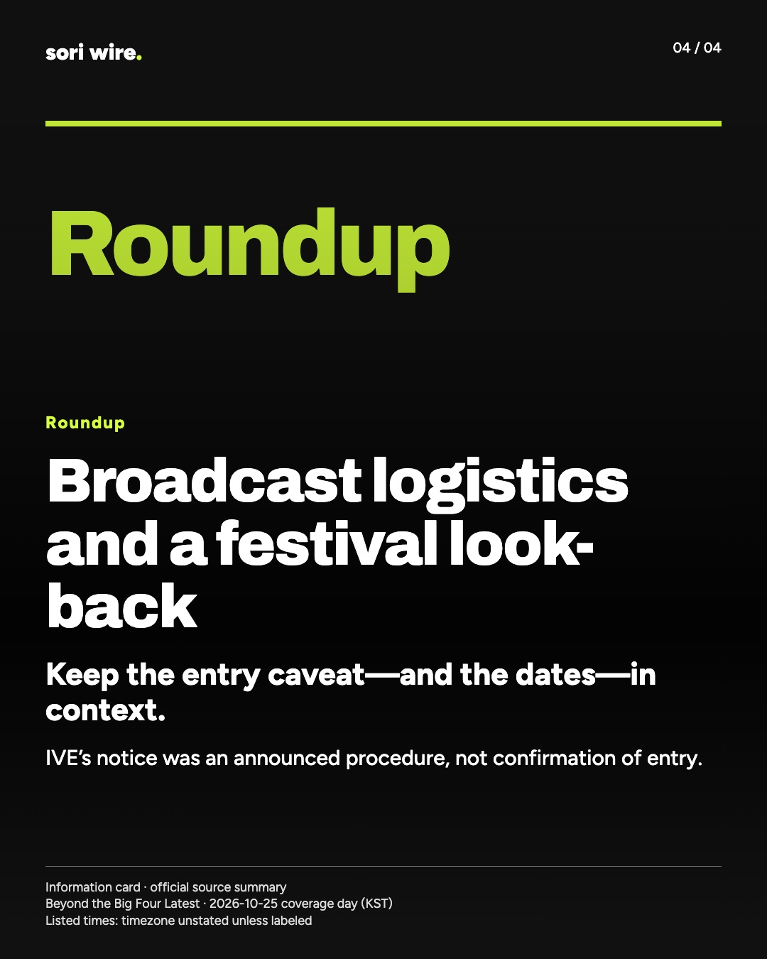 Broadcast logistics and a festival look-back — Keep the entry caveat—and the dates—in context.
