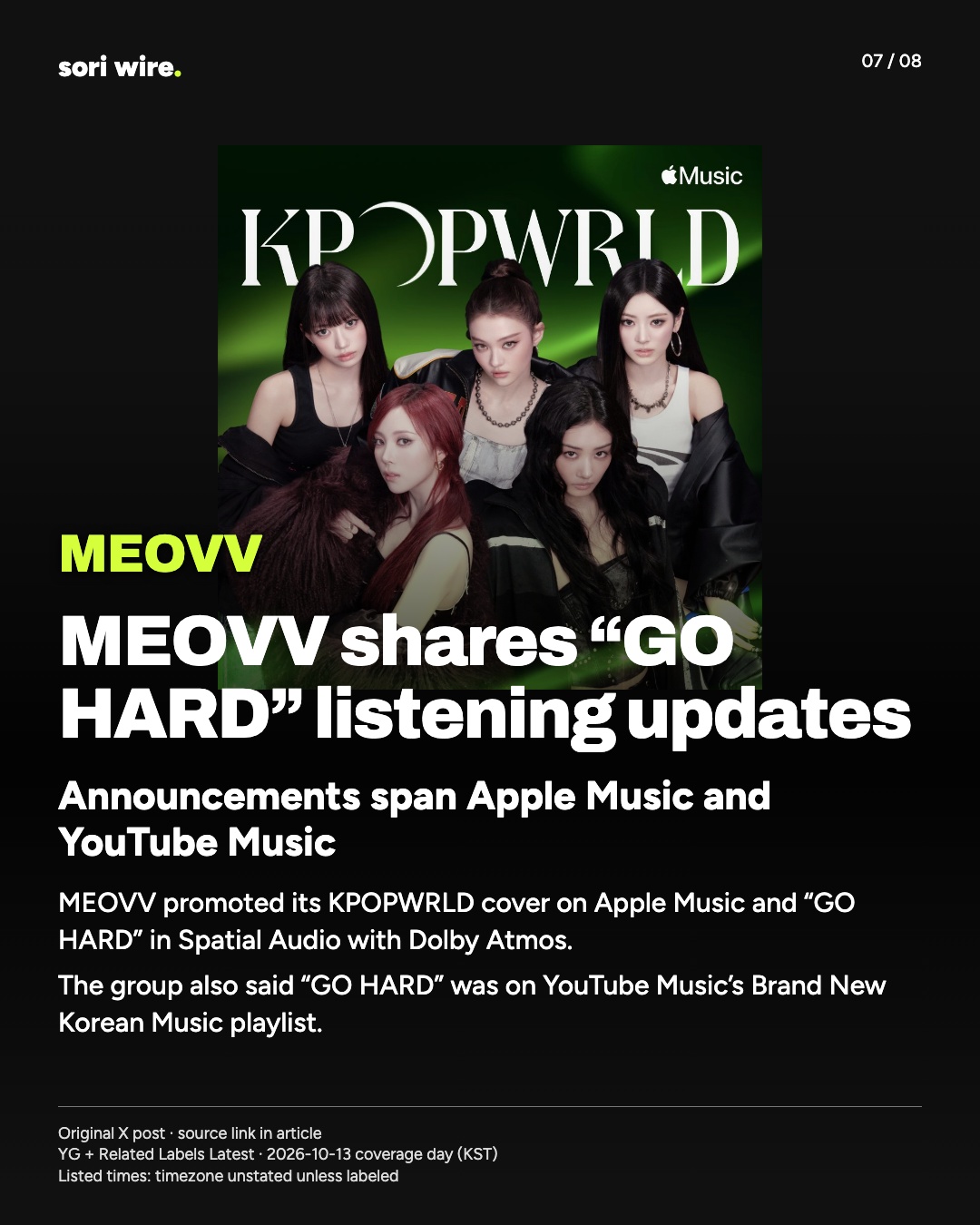 MEOVV shares “GO HARD” listening updates — Announcements span Apple Music and YouTube Music