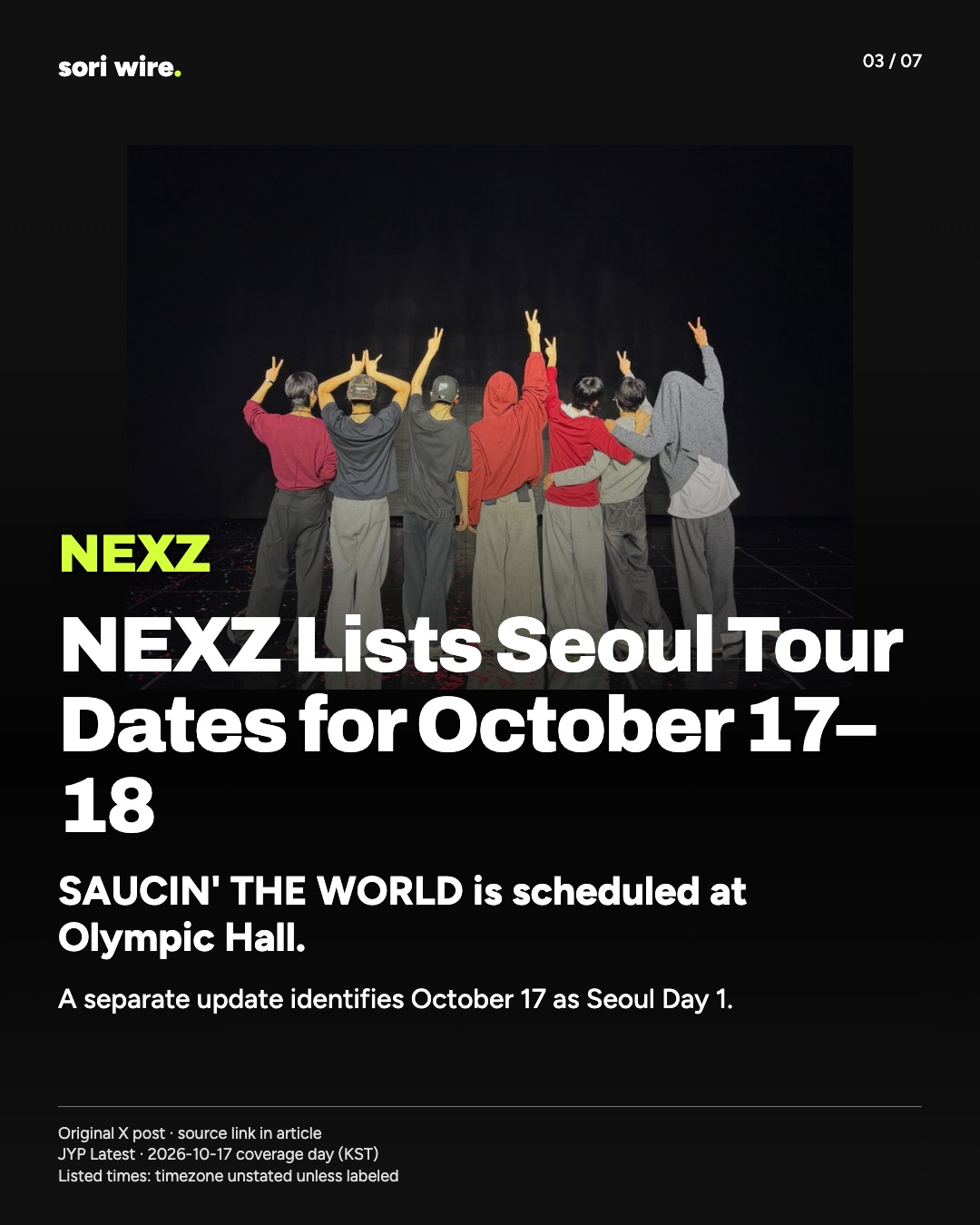 NEXZ Lists Seoul Tour Dates for October 17–18 — SAUCIN' THE WORLD is scheduled at Olympic Hall.