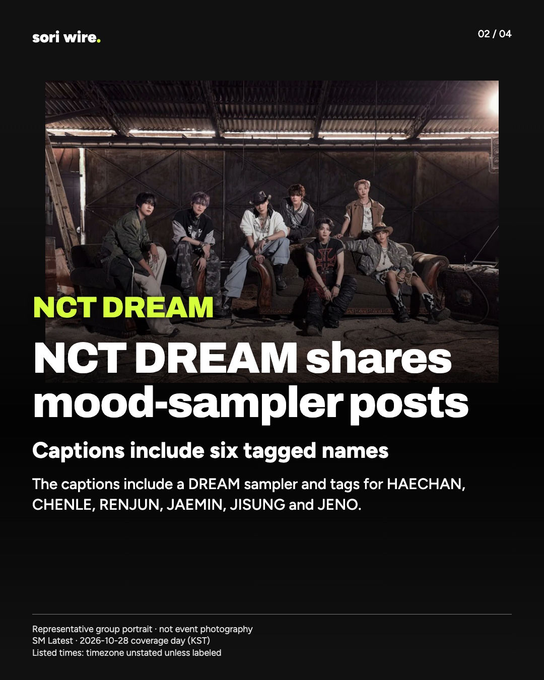 NCT DREAM shares mood-sampler posts — Captions include six tagged names