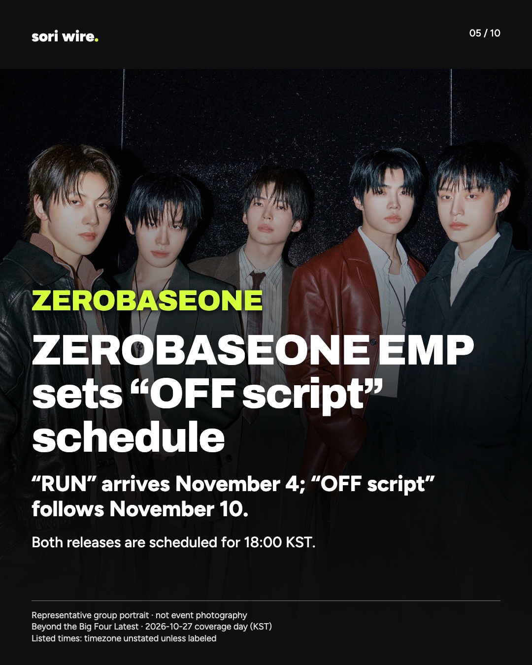 ZEROBASEONE EMP sets “OFF script” schedule — “RUN” arrives November 4; “OFF script” follows November 10.