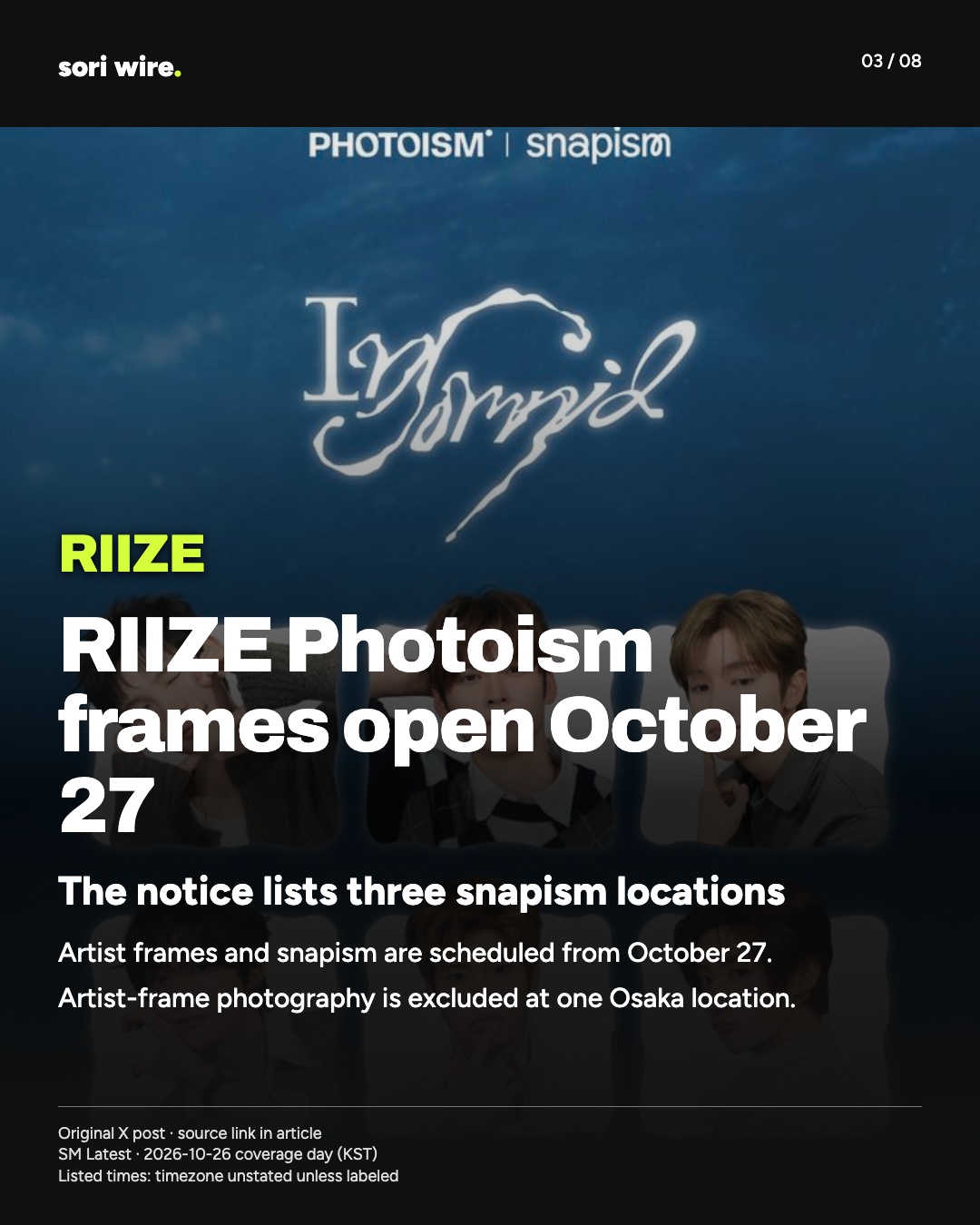 RIIZE Photoism frames open October 27 — The notice lists three snapism locations