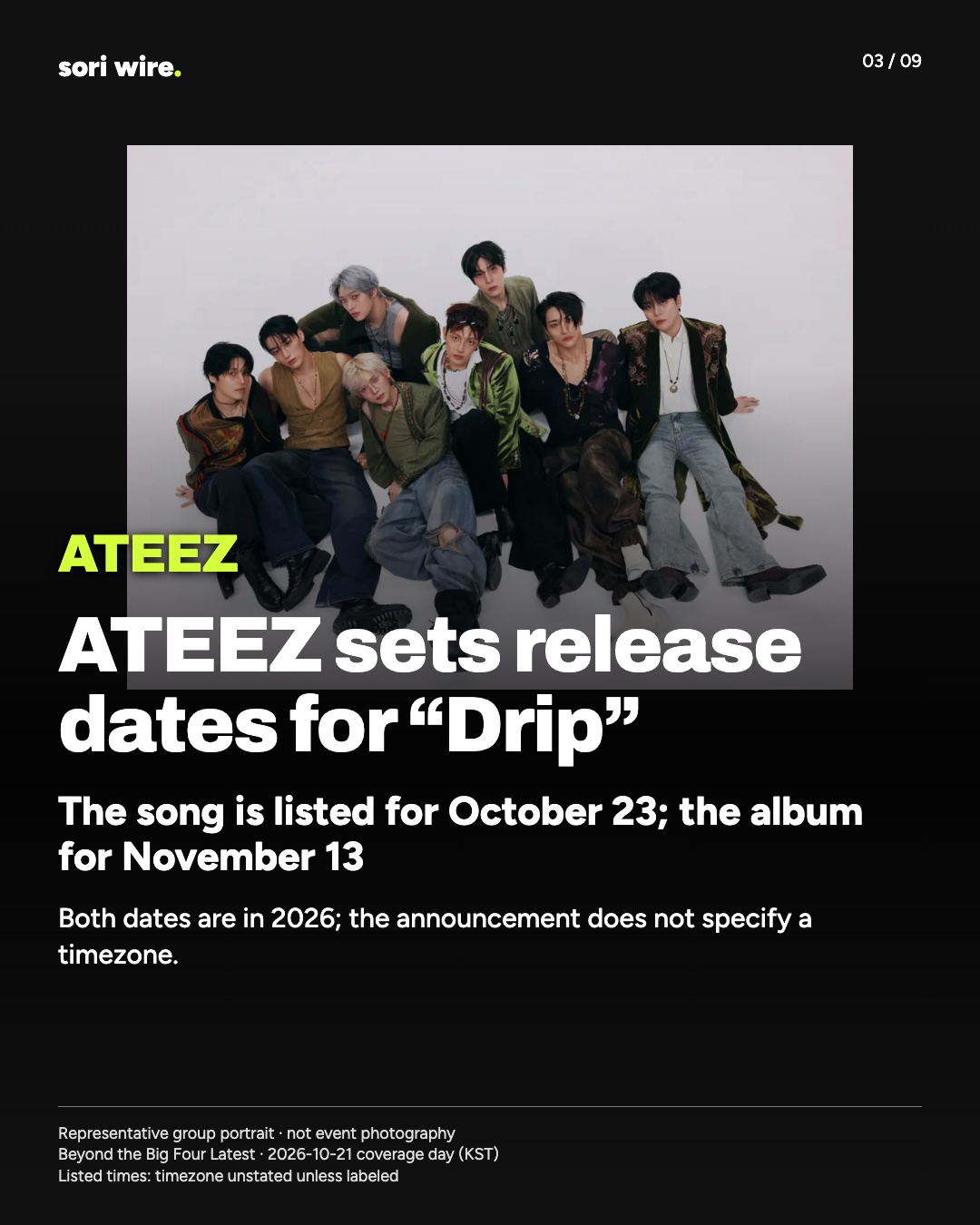 ATEEZ sets release dates for “Drip” — The song is listed for October 23; the album for November 13