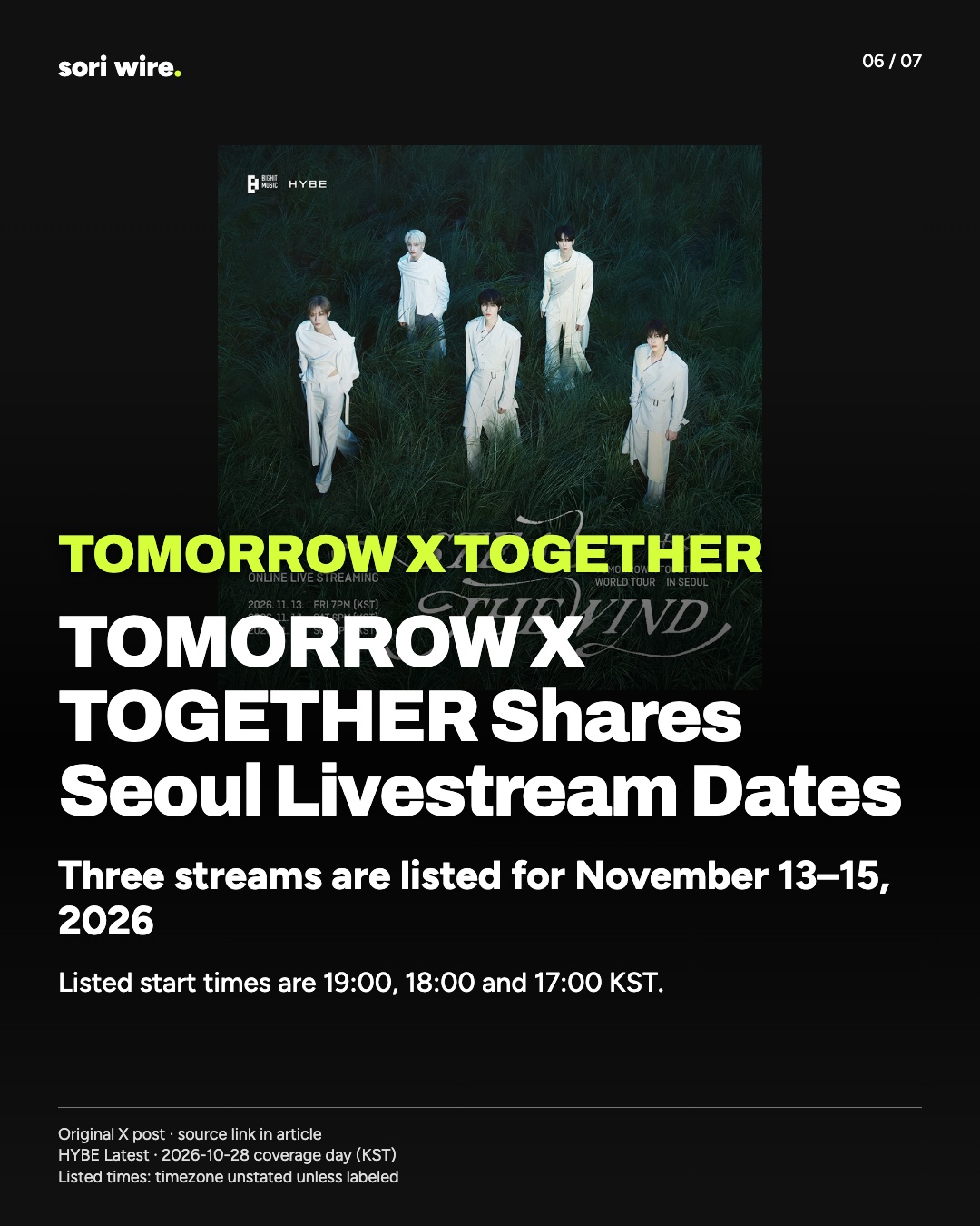 TOMORROW X TOGETHER Shares Seoul Livestream Dates — Three streams are listed for November 13–15, 2026
