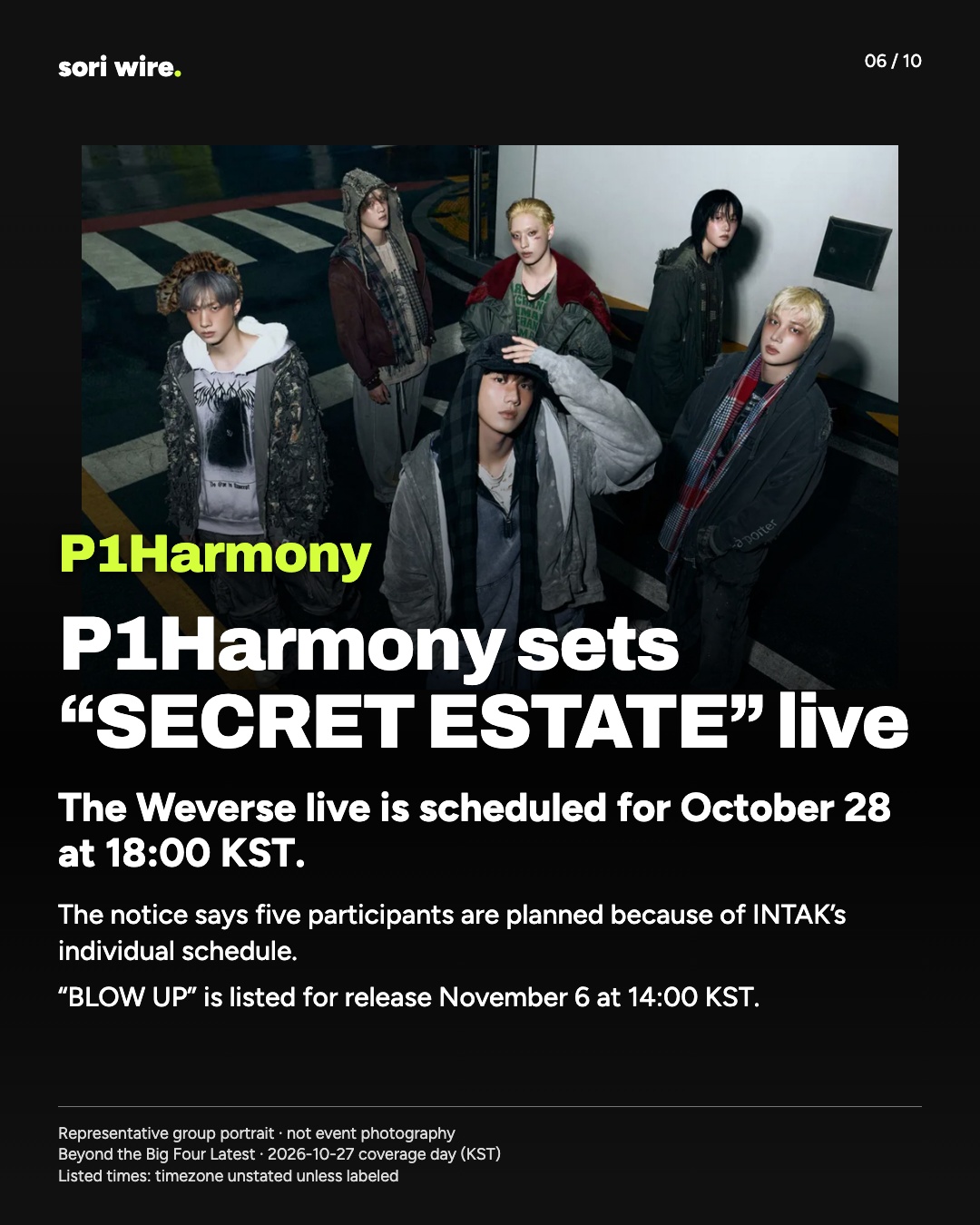 P1Harmony sets “SECRET ESTATE” live — The Weverse live is scheduled for October 28 at 18:00 KST.
