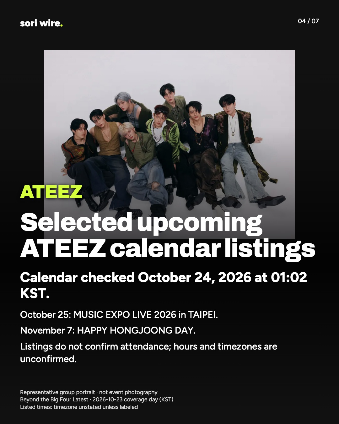 Selected upcoming ATEEZ calendar listings — Calendar checked October 24, 2026 at 01:02 KST.