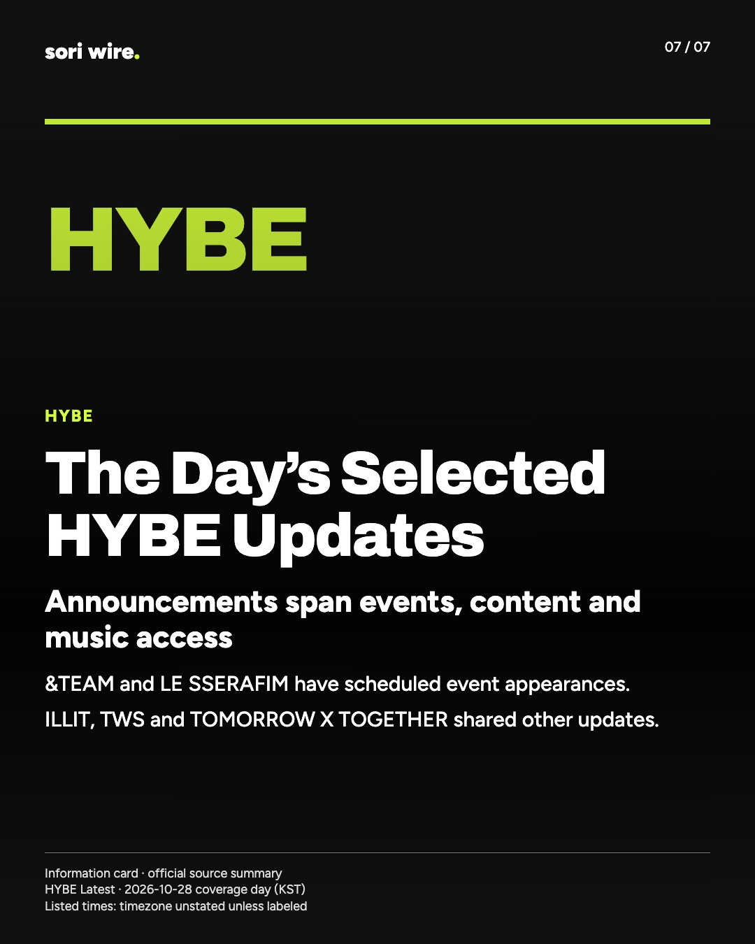 The Day’s Selected HYBE Updates — Announcements span events, content and music access