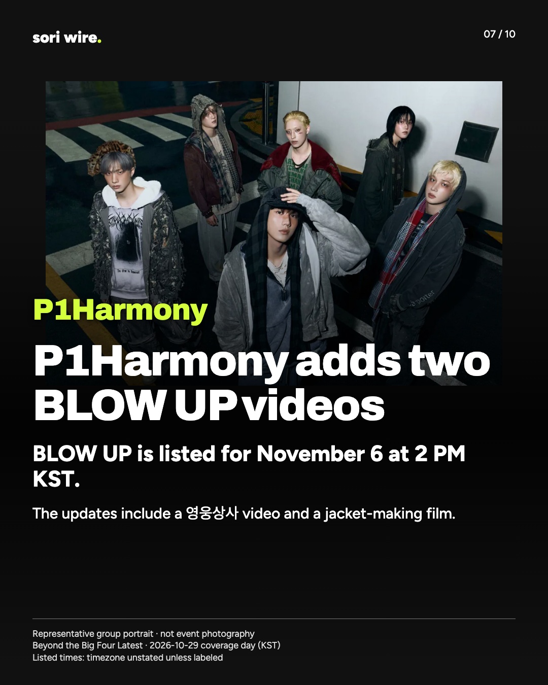 P1Harmony adds two BLOW UP videos — BLOW UP is listed for November 6 at 2 PM KST.