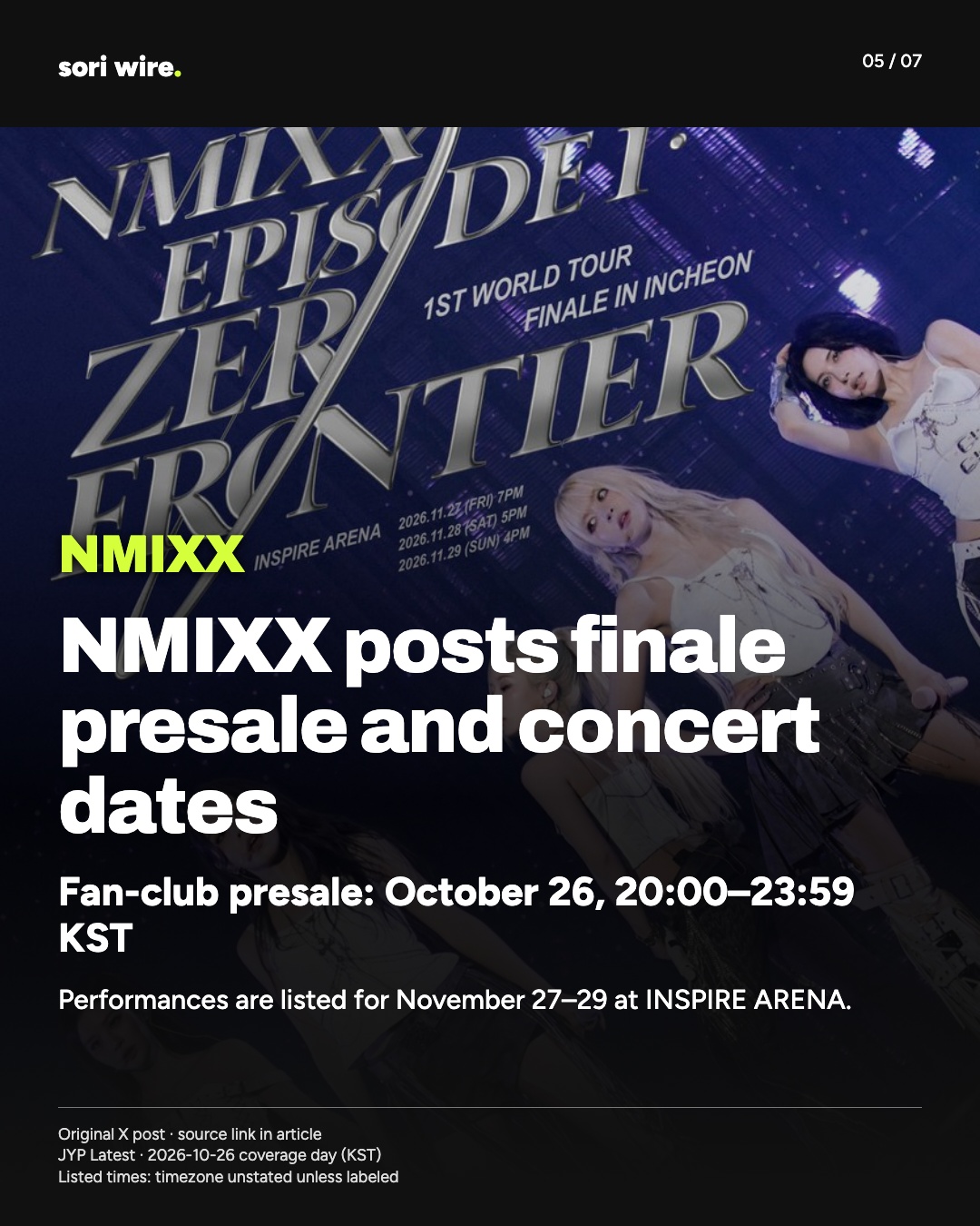 NMIXX posts finale presale and concert dates — Fan-club presale: October 26, 20:00–23:59 KST