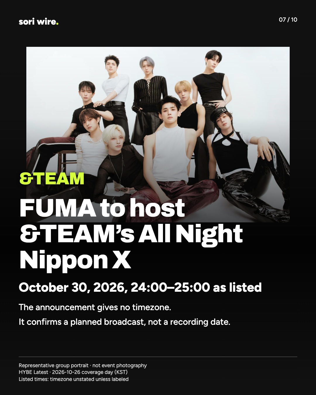 FUMA to host &TEAM’s All Night Nippon X — October 30, 2026, 24:00–25:00 as listed