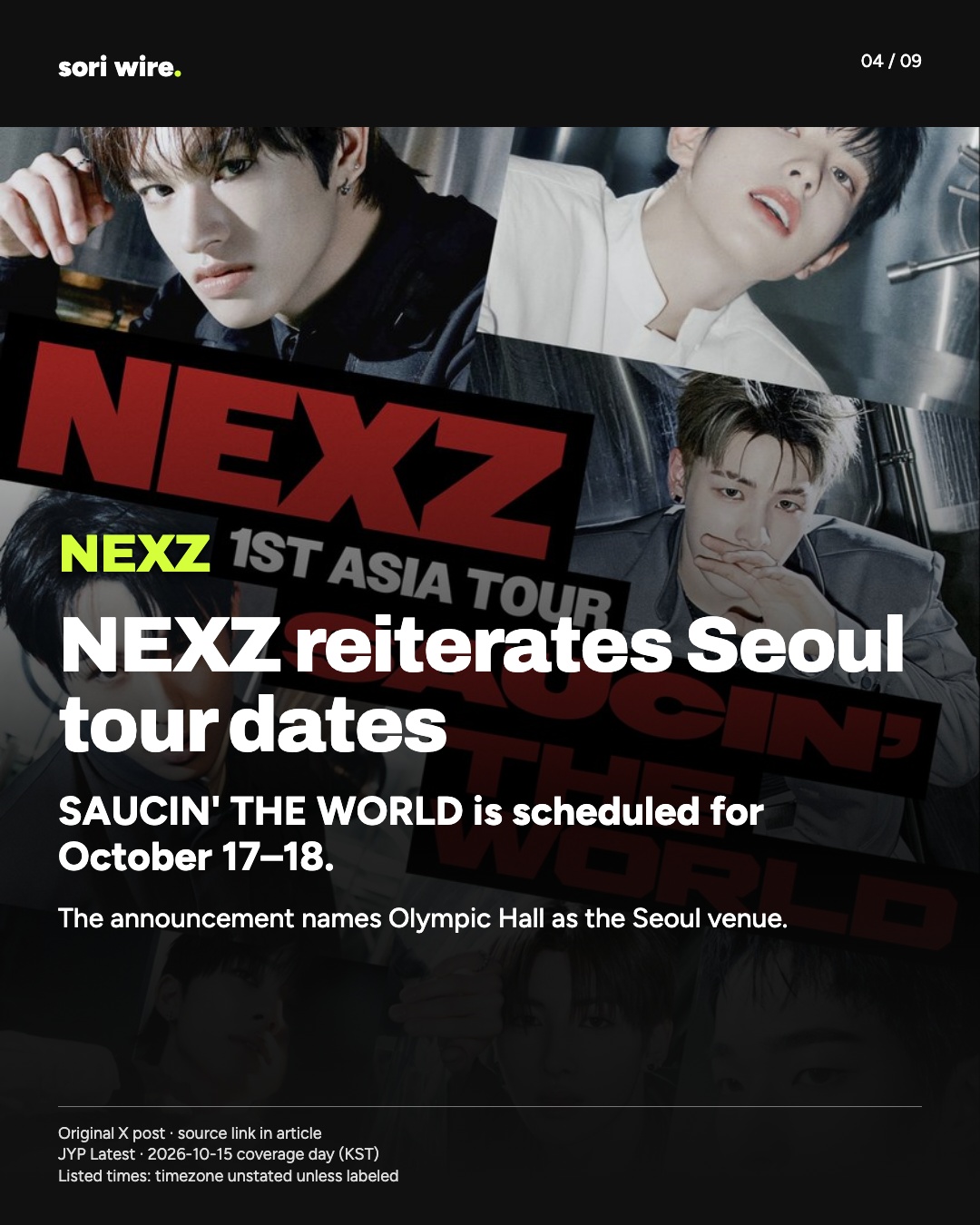 NEXZ reiterates Seoul tour dates — SAUCIN' THE WORLD is scheduled for October 17–18.