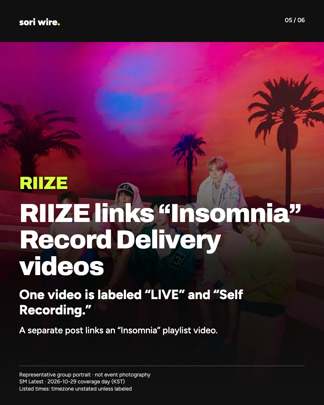 RIIZE links “Insomnia” Record Delivery videos — One video is labeled “LIVE” and “Self Recording.”