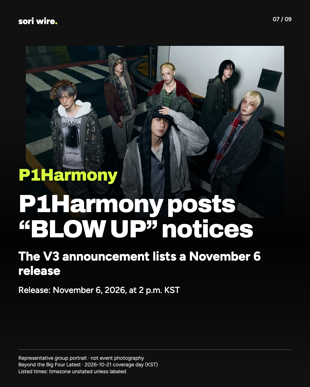 P1Harmony posts “BLOW UP” notices — The V3 announcement lists a November 6 release
