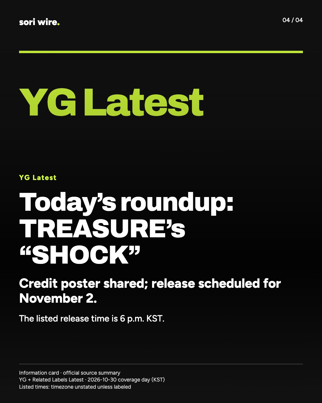 Today’s roundup: TREASURE’s “SHOCK” — Credit poster shared; release scheduled for November 2.