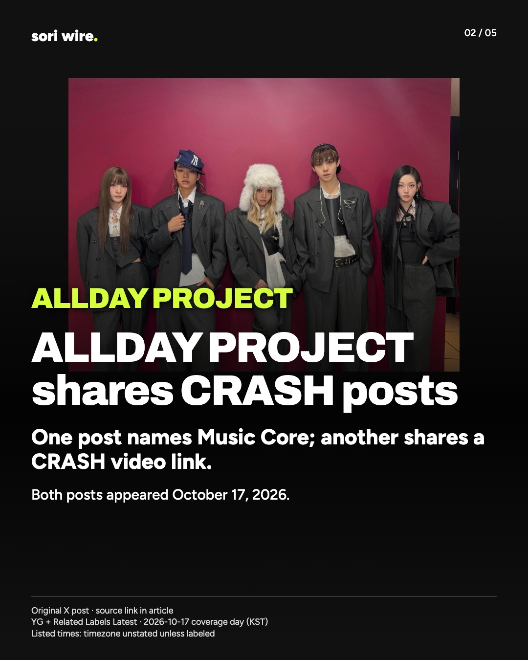 ALLDAY PROJECT shares CRASH posts — One post names Music Core; another shares a CRASH video link.
