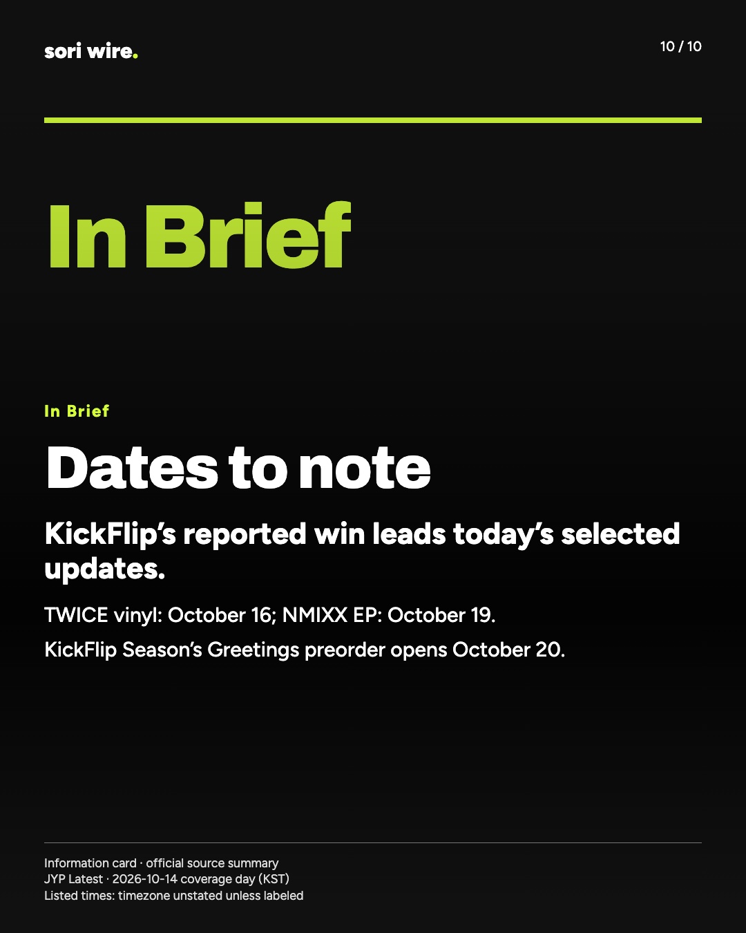 Dates to note — KickFlip’s reported win leads today’s selected updates.