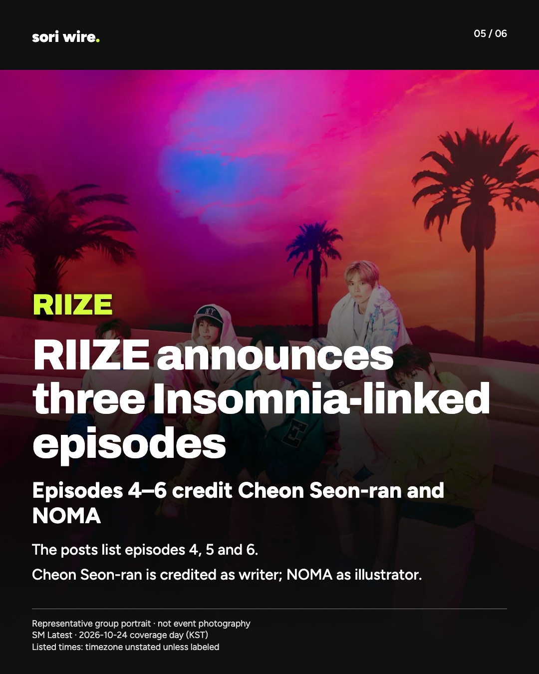 RIIZE announces three Insomnia-linked episodes — Episodes 4–6 credit Cheon Seon-ran and NOMA