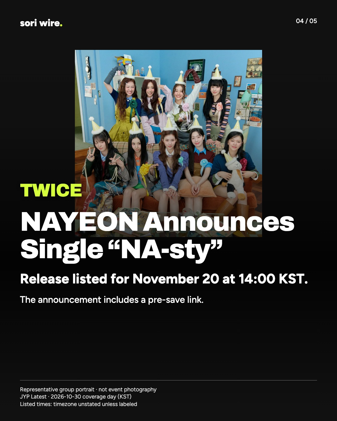 NAYEON Announces Single “NA-sty” — Release listed for November 20 at 14:00 KST.