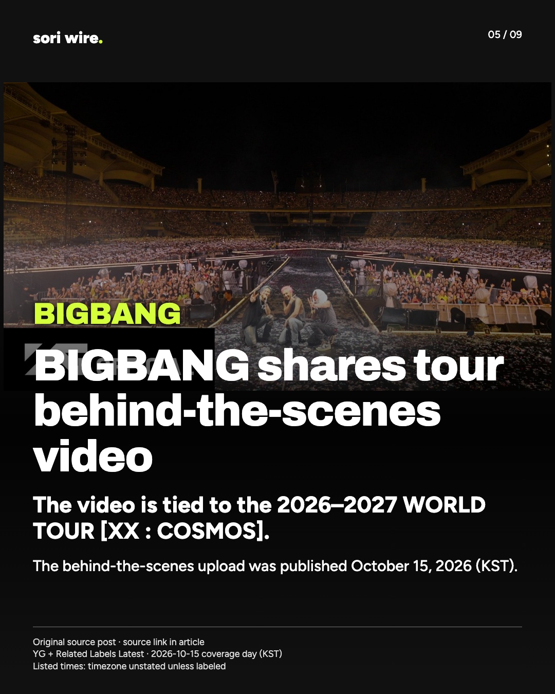 BIGBANG shares tour behind-the-scenes video — The video is tied to the 2026–2027 WORLD TOUR [XX : COSMOS].
