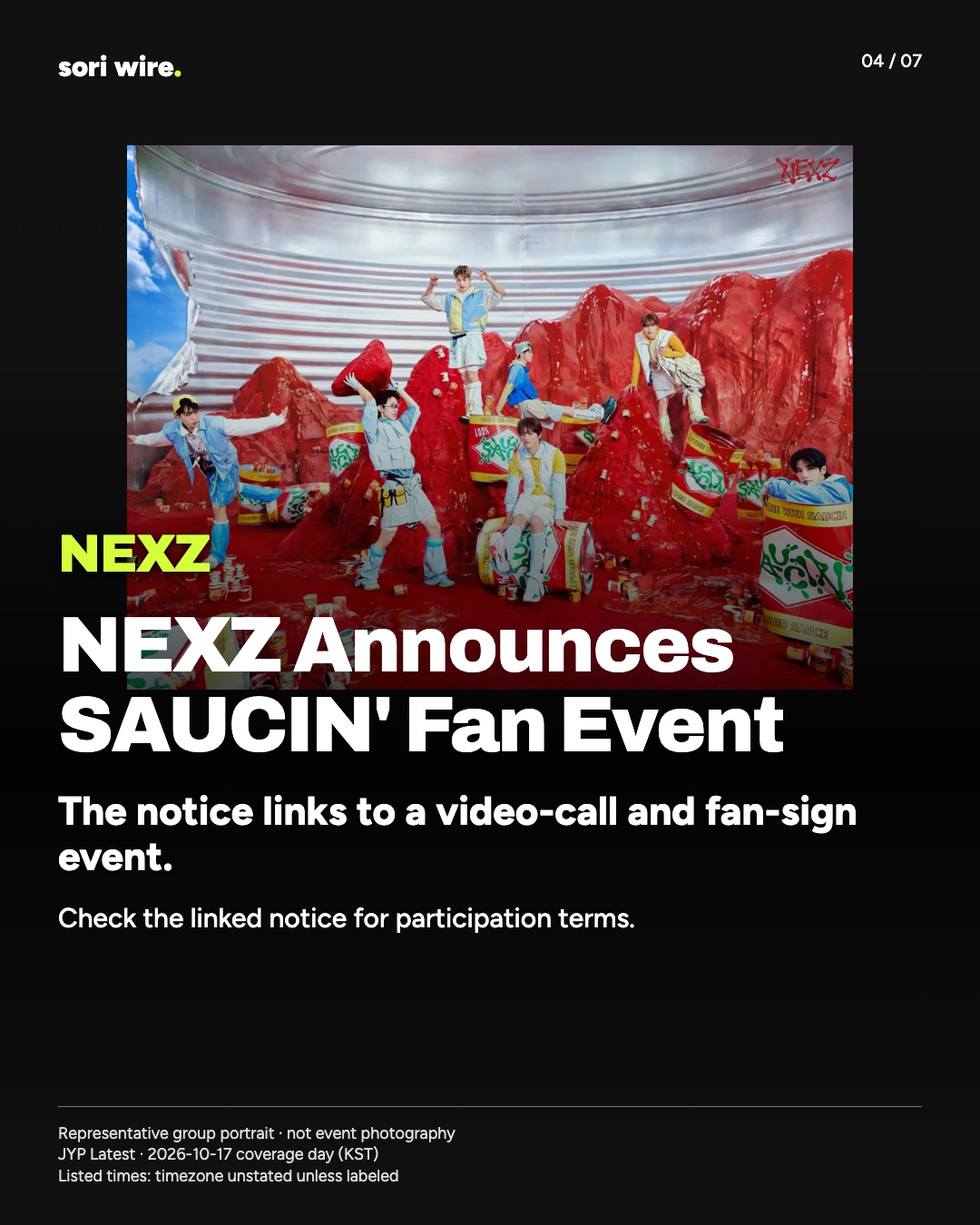 NEXZ Announces SAUCIN' Fan Event — The notice links to a video-call and fan-sign event.