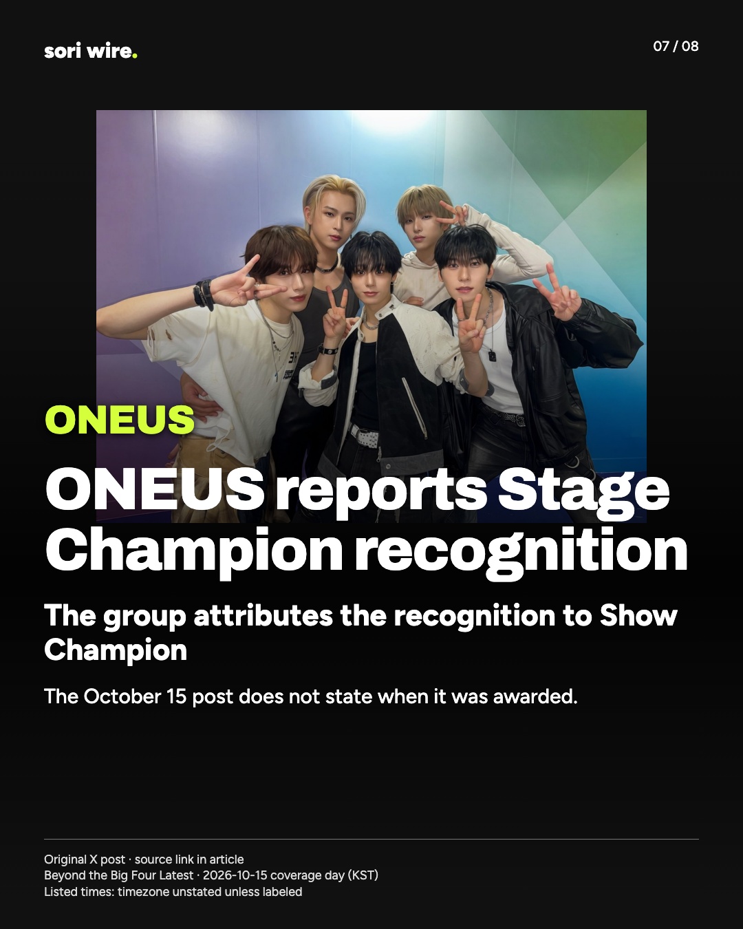 ONEUS reports Stage Champion recognition — The group attributes the recognition to Show Champion
