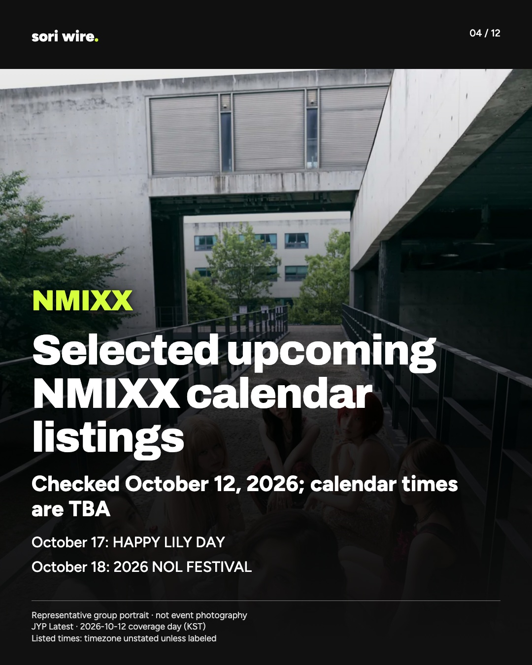 Selected upcoming NMIXX calendar listings — Checked October 12, 2026; calendar times are TBA