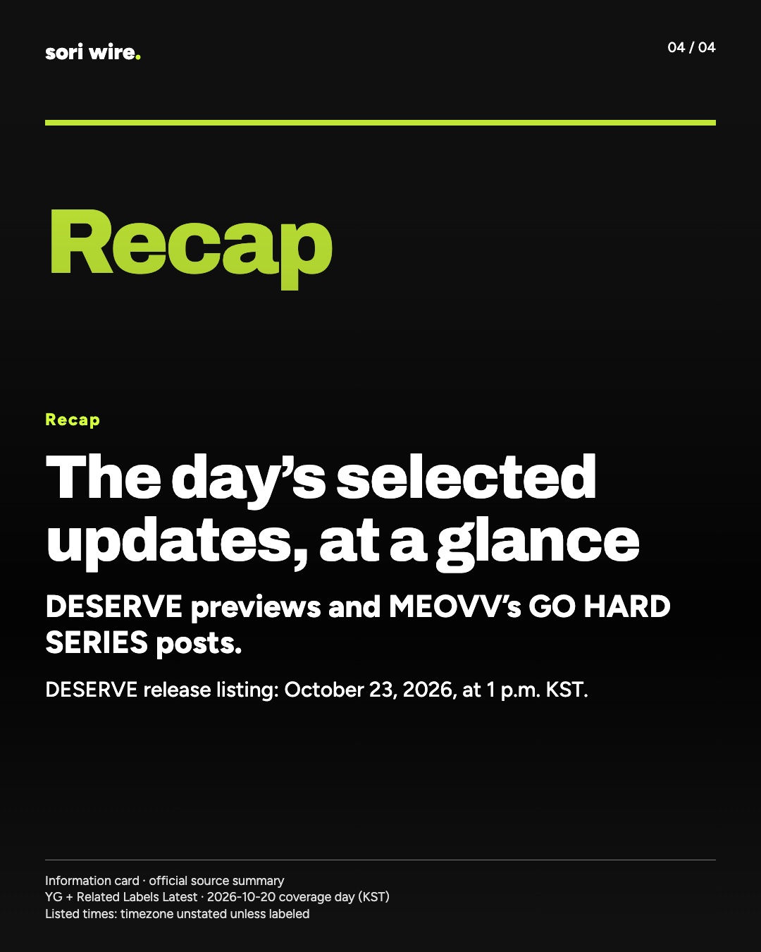 The day’s selected updates, at a glance — DESERVE previews and MEOVV’s GO HARD SERIES posts.