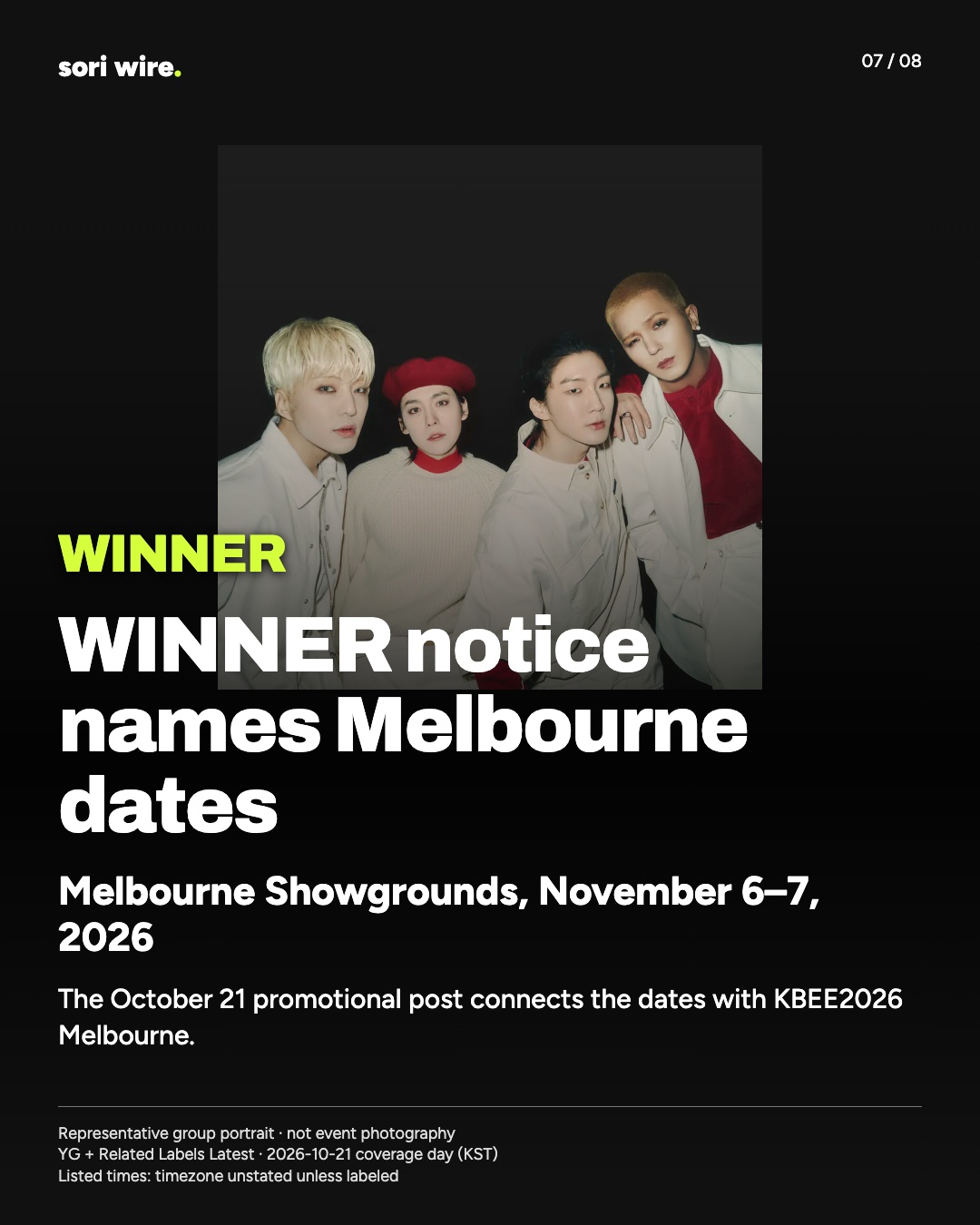 WINNER notice names Melbourne dates — Melbourne Showgrounds, November 6–7, 2026