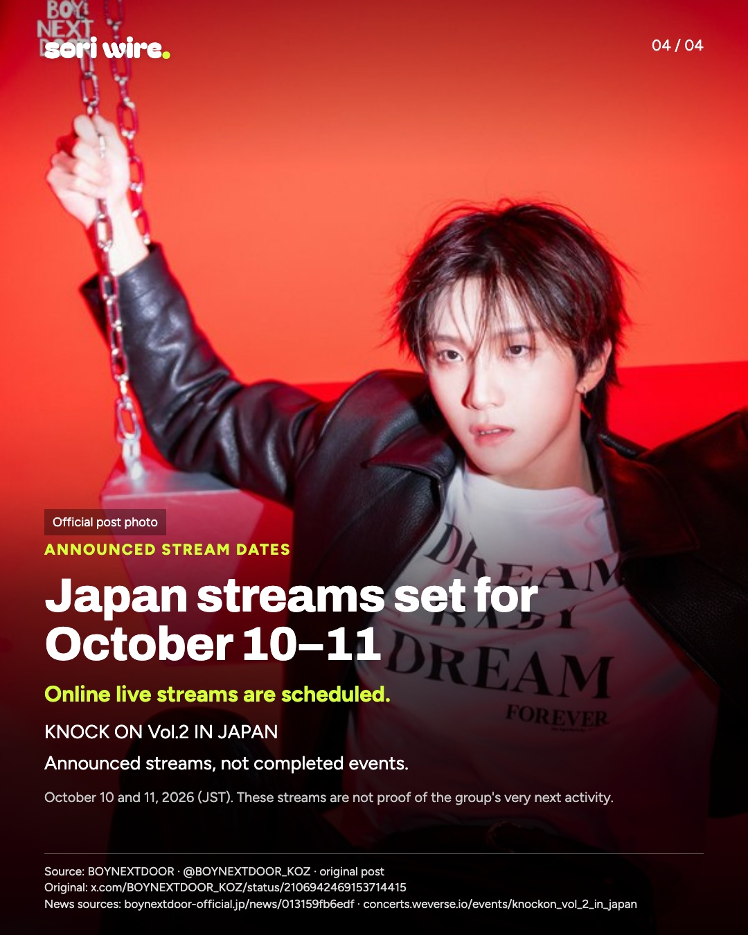 Japan streams set for October 10–11