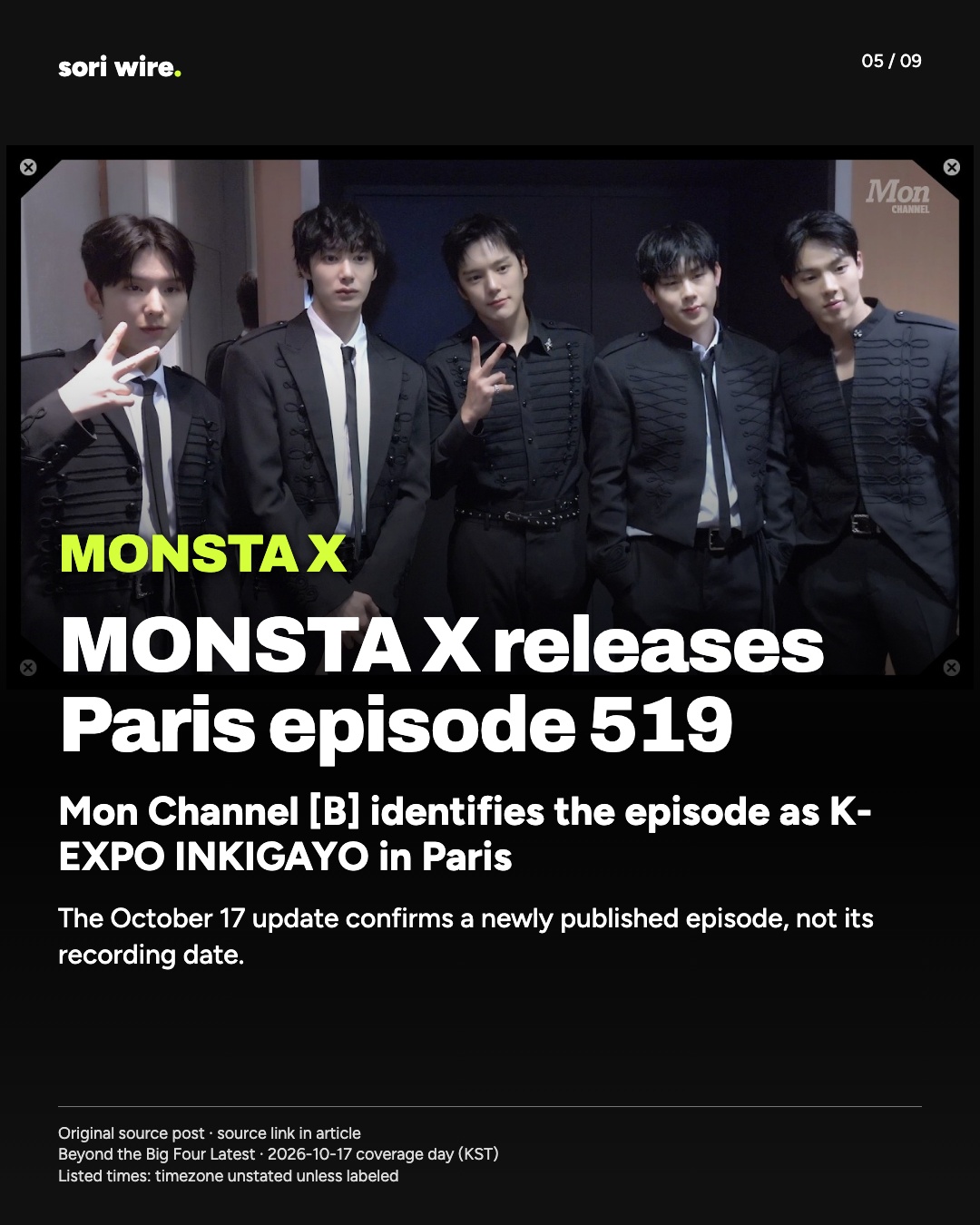 MONSTA X releases Paris episode 519 — Mon Channel [B] identifies the episode as K-EXPO INKIGAYO in Paris