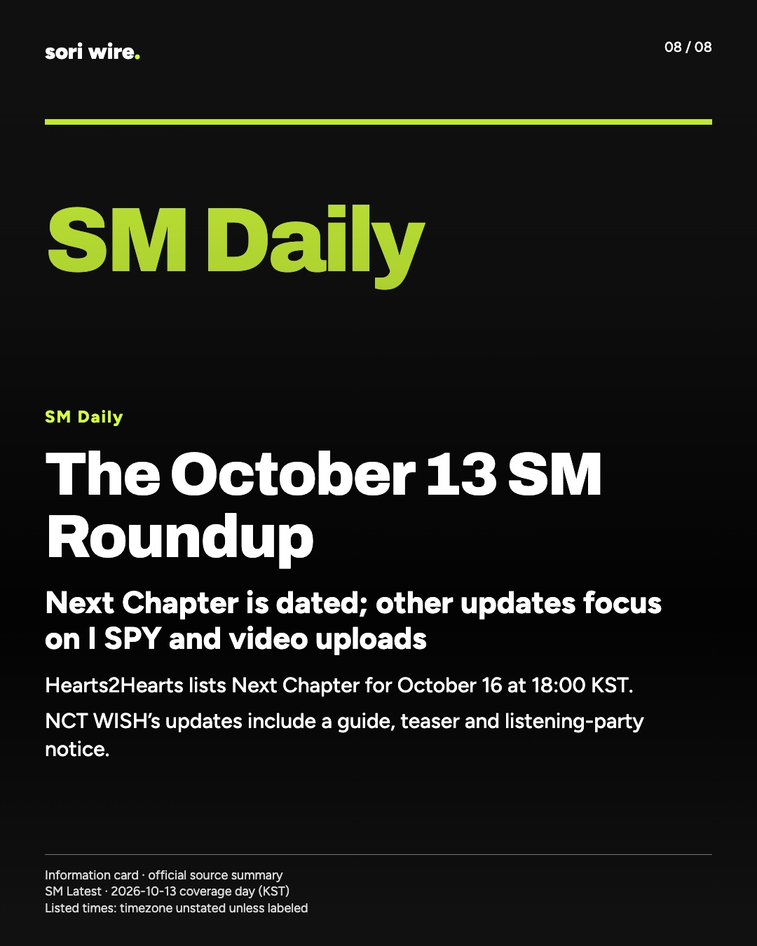 The October 13 SM Roundup — Next Chapter is dated; other updates focus on I SPY and video uploads