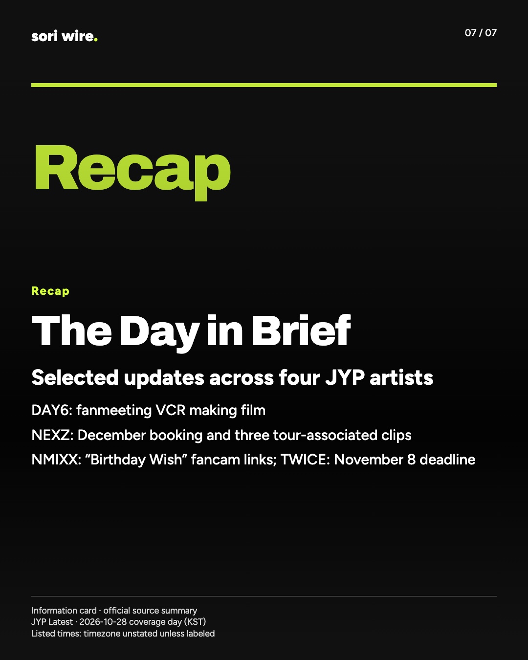 The Day in Brief — Selected updates across four JYP artists