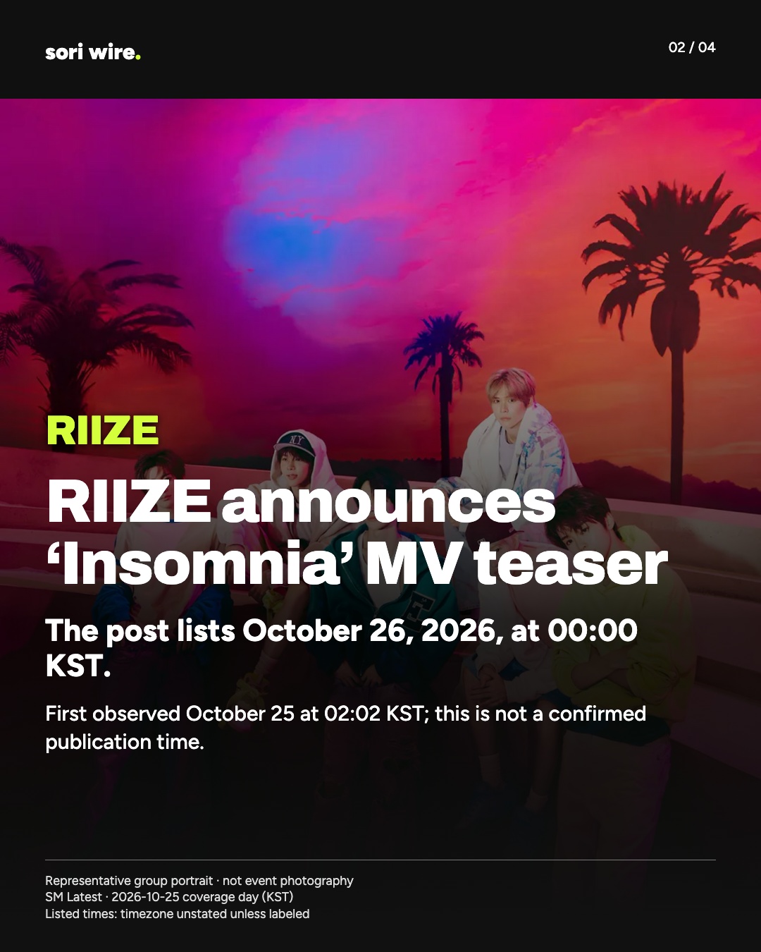 RIIZE announces ‘Insomnia’ MV teaser — The post lists October 26, 2026, at 00:00 KST.
