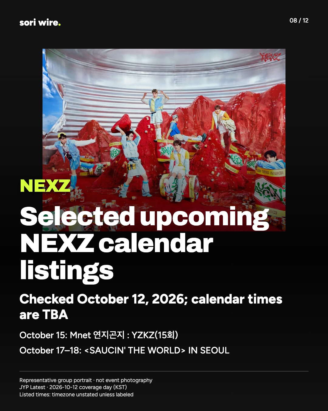 Selected upcoming NEXZ calendar listings — Checked October 12, 2026; calendar times are TBA