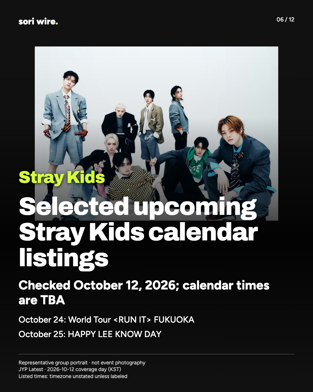 Selected upcoming Stray Kids calendar listings — Checked October 12, 2026; calendar times are TBA