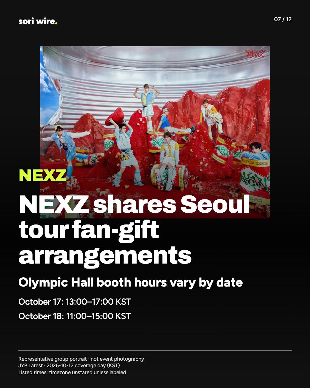NEXZ shares Seoul tour fan-gift arrangements — Olympic Hall booth hours vary by date